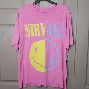 NWT NIRVANA Pink Tee with Yellow and Blue Graphic